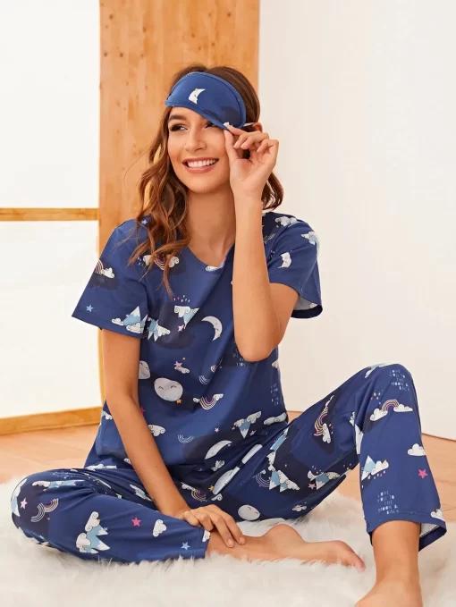 Set pijama dama albastra desene Maria