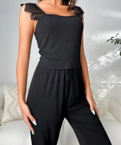 Set pijama dama neagra cu dantela Alma