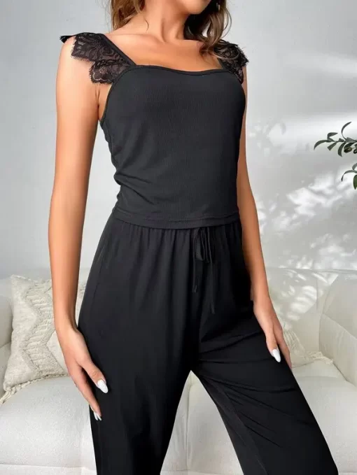 Set pijama dama neagra cu dantela Alma