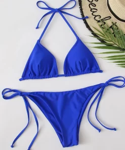 Costum de baie albastru doua piese sutien triunghi Ada