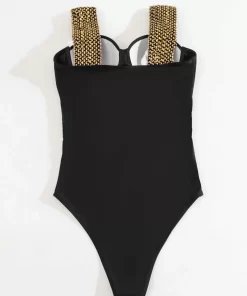 Costum de baie intreg cu pushup negru cu auriu Isra