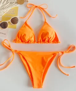 Costum de baie portocaliu doua piese sutien triunghi Ada