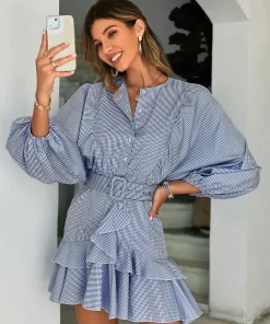 Rochie casual imprimeu patratele cu volane Ekanta