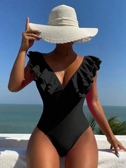 Costum de baie intreg cu volane negru Paloma