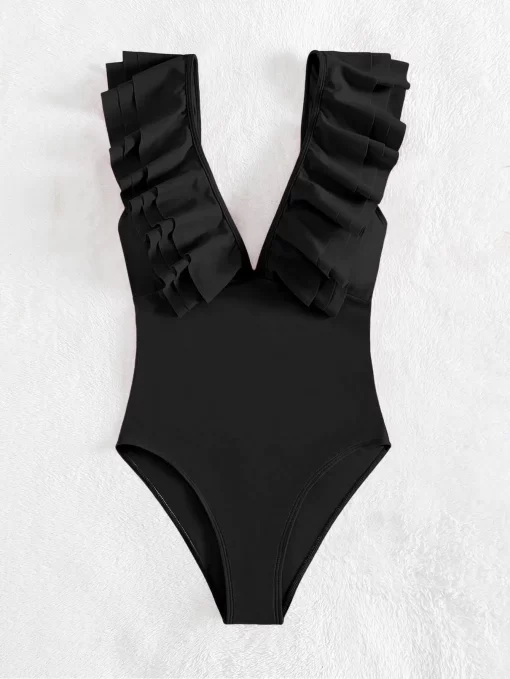 Costum de baie intreg cu volane negru Paloma