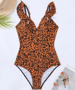 Costum de baie intreg volane Ana leopard print caramiziu