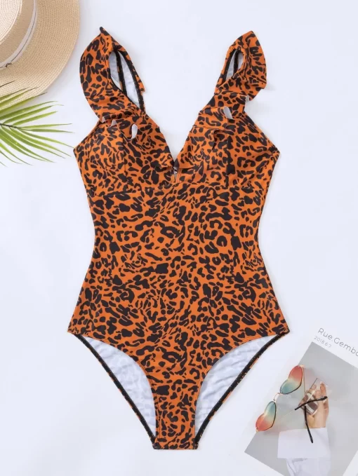 Costum de baie intreg volane Ana leopard print caramiziu