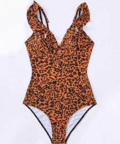 Costum de baie intreg volane Ana leopard print caramiziu