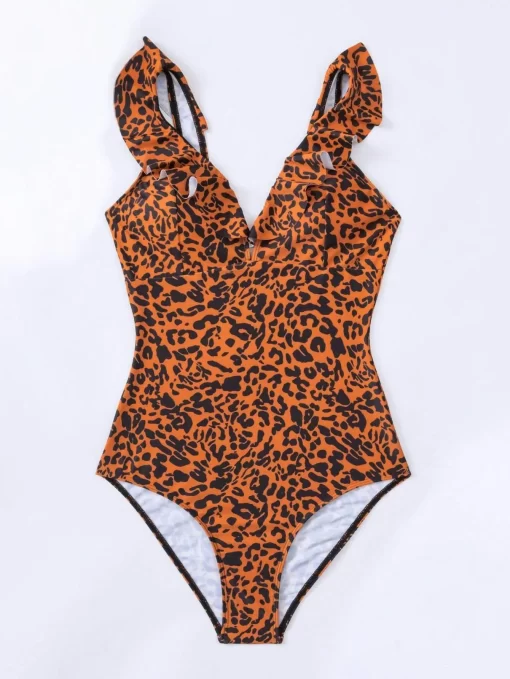 Costum de baie intreg volane Ana leopard print caramiziu