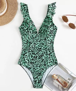 Costum de baie intreg volane Ana leopard print verde