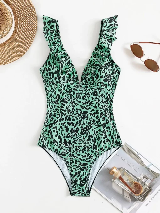 Costum de baie intreg volane Ana leopard print verde