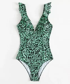 Costum de baie intreg volane Ana leopard print verde