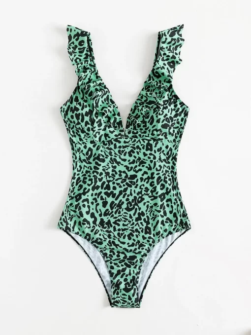 Costum de baie intreg volane Ana leopard print verde