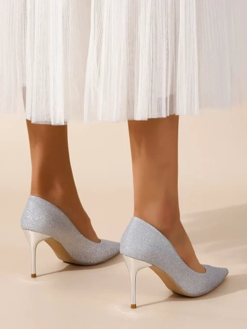 Pantofi dama stiletto piele eco gliter Kali argintii
