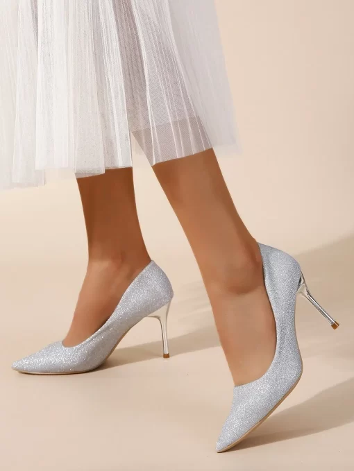 Pantofi dama stiletto piele eco gliter Kali argintii
