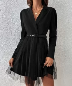 Rochie neagra curea in talie si tull Alison