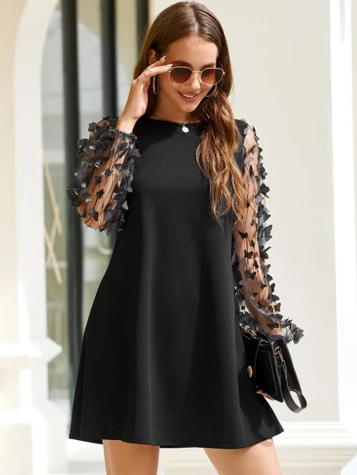 Rochie neagra maneci tull cu aplicatii Keira