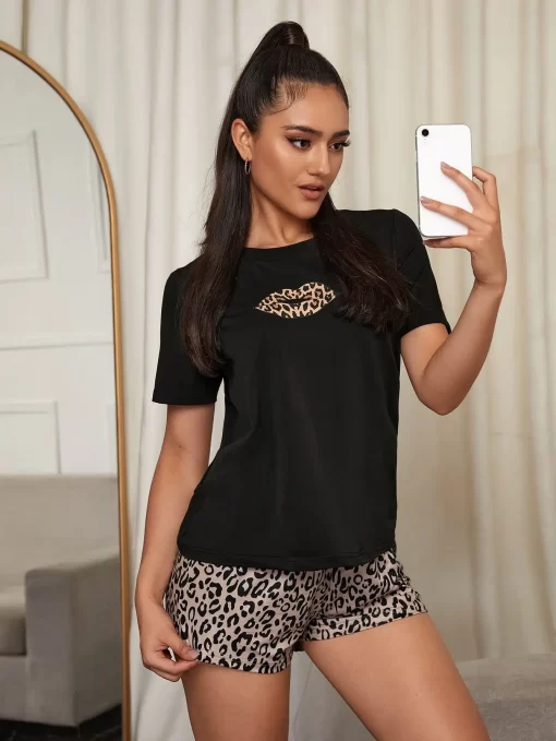 Set pijamale dama negre leopard Lips