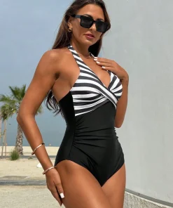 Costum de baie intreg negru cu alb Brenda